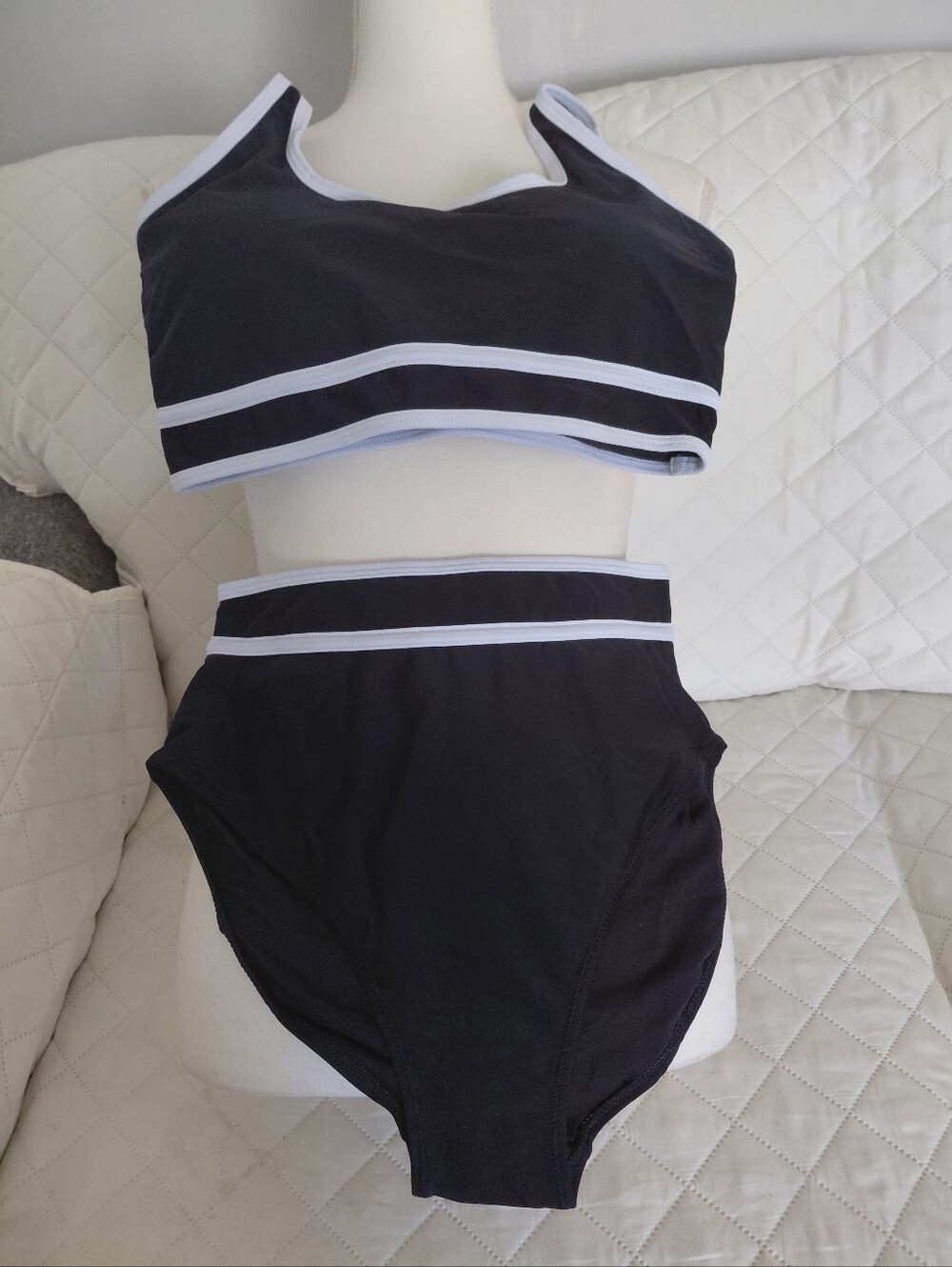 BMJL Two Piece Bikini Adjustable Strap High Waisted Black W White Trim Small NWT